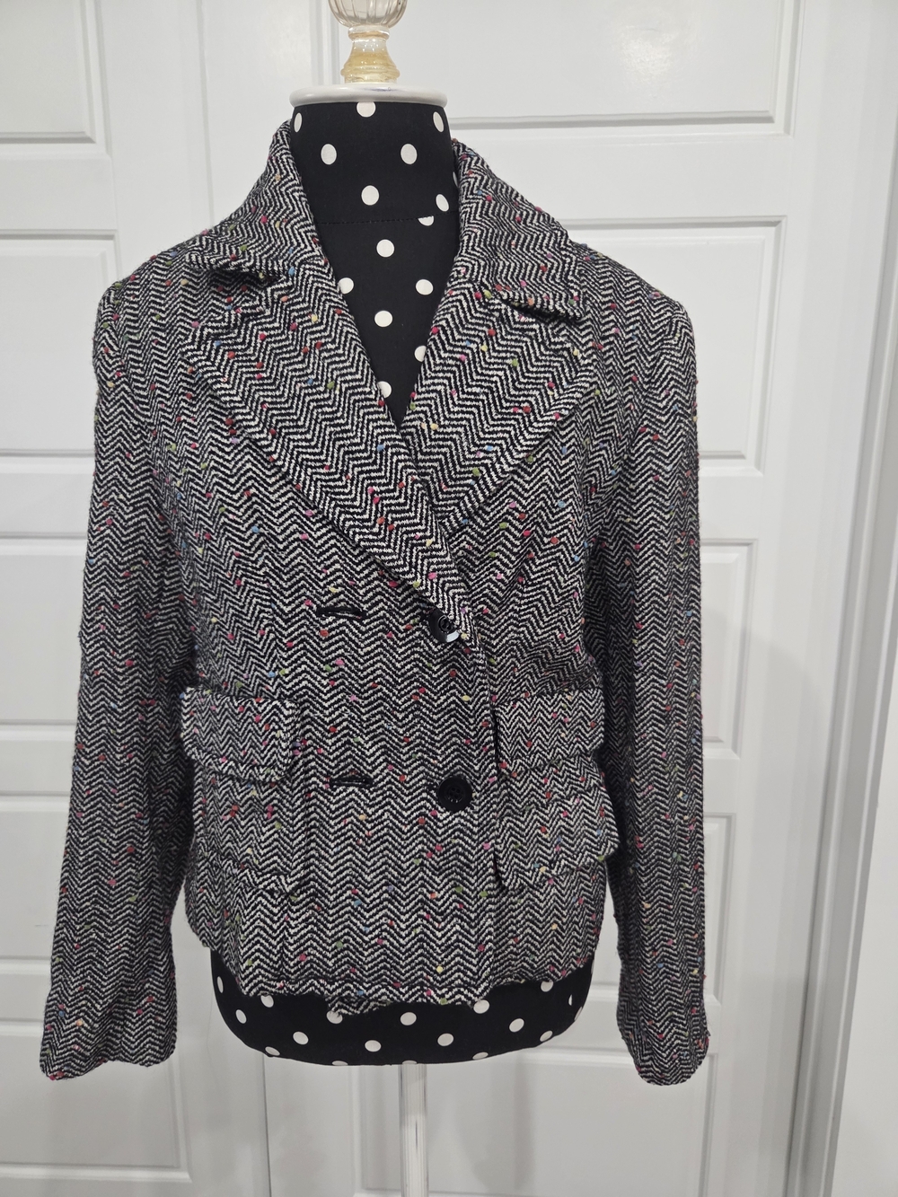 Worth Women's Vintage Black & White Chevron Tweed Double-Breasted Blazer Size M